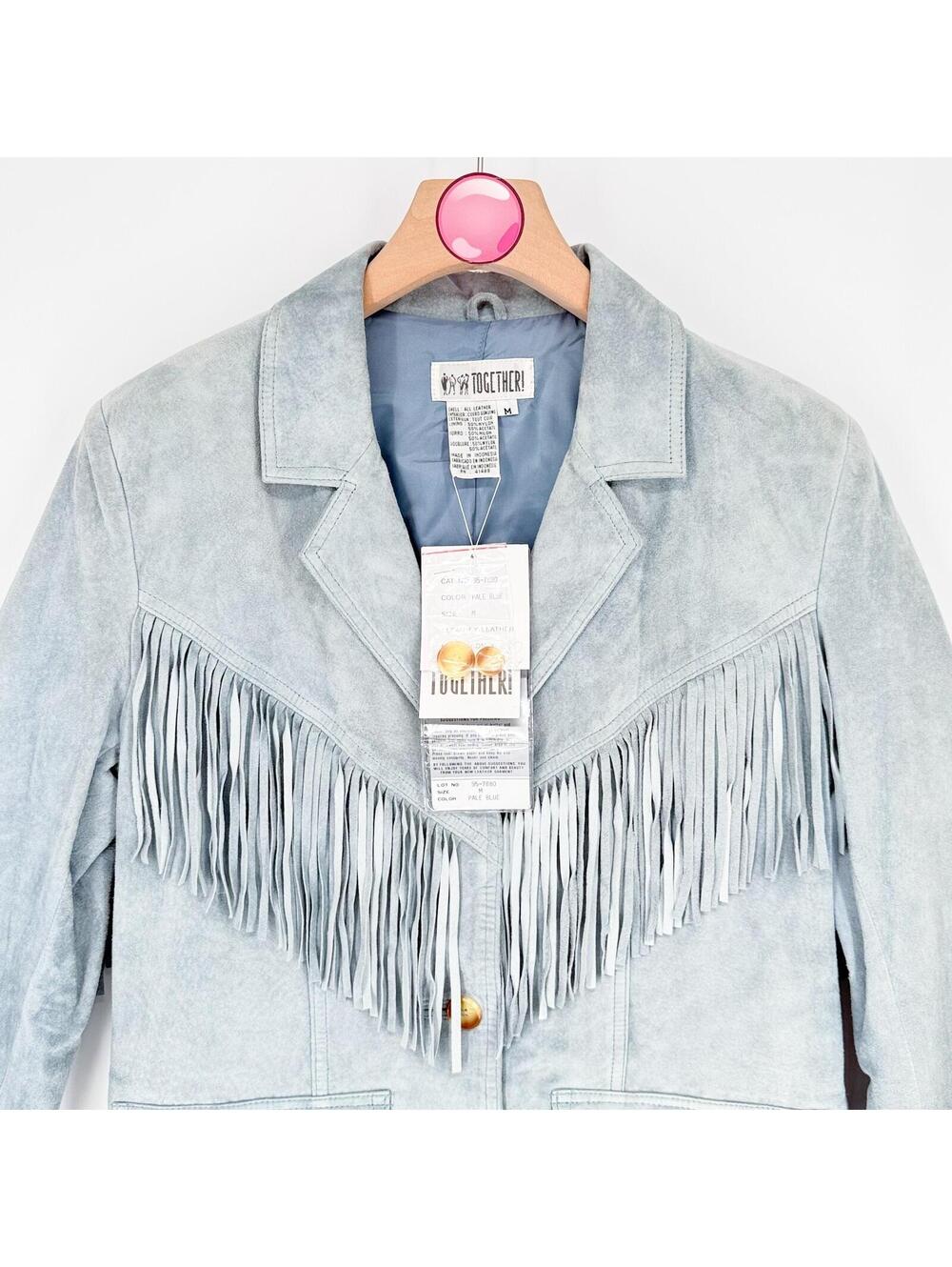 Vintage Together Leather Fringe Jacket Blue Western Boho Festival Womens Medium - Picture 4 of 9
